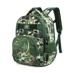 Angled view of a green dinosaur backpack showing the side mesh pocket and main compartments. Spacious backpack by a Backpack Manufacturer.