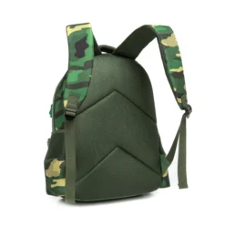 Side-back view of a cool camouflage monster kids' backpack with breathable mesh padding and camo straps. Custom school backpack by a professional Backpack Manufacturer.