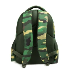 Full back view of a camouflage monster kids' backpack showing the padded straps and breathable back panel. Cool school bag by a Backpack Supplier.