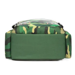 Bottom view of a camouflage monster kids' backpack showing a reinforced sturdy green base. Durable school bag by a leading Backpack Supplier.