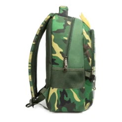 Side view of a cool monster kids' backpack showing a vertical zipper pocket and side mesh pocket. Practical school bag by a Custom Backpack Manufacturer.