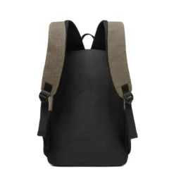 Back view of a khaki and black minimalist backpack with a thick padded back panel. Custom lightweight backpack by a professional Backpack Manufacturer.