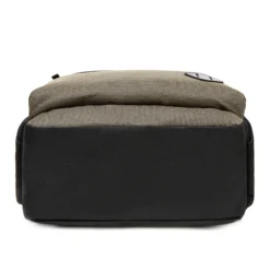 Bottom view of a khaki and black backpack showing a sturdy, reinforced structure. Durable bag base by a Backpack Supplier.