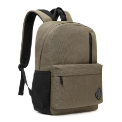Slanted view of a khaki backpack featuring a vertical side zipper pocket and side mesh pocket. Functional minimalist bag by a Custom Backpack Manufacturer.