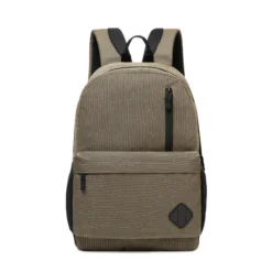 Front view of a khaki textured backpack with a vertical zipper and a black rubber logo patch. Minimalist travel backpack by a Backpack Supplier.