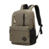 Angled side view of a khaki textured backpack highlighting its slim profile and zipper. Versatile unisex bag by a leading Backpack Manufacturer.