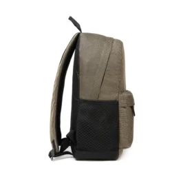 Side profile of a khaki and black backpack showing its slim design and a large mesh pocket. Spacious daily commuter bag by a Backpack OEM Supplier.