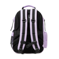 Back view of a lilac and black functional backpack with padded straps and a chest buckle. Custom school backpack by a professional Backpack Manufacturer.