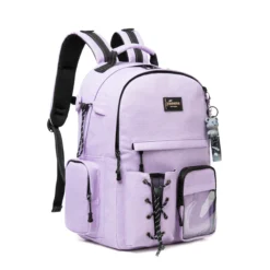 This backpack features a striking lilac and black color-block design, complemented by wide padded shoulder straps and a stability-enhancing chest buckle for heavy loads. As an experienced OEM Manufacturer, we prioritize carrying comfort. This functional design is perfect for Private Label brands looking for trendy, ergonomic Bulk Backpacks suitable for school or travel. We provide full Custom colorway and strap adjustments.