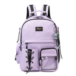 Front view of a lilac backpack with a clear front pocket, bungee cord details, and a logo patch. Stylish school bag by a Custom Backpack Manufacturer.