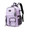 Angled view of a lilac backpack showing a clear front pocket, mesh side pocket, and bungee cords. Functional school gear by a leading Backpack Supplier.