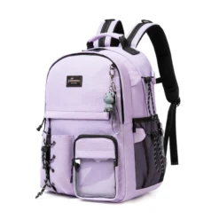 Angled view of a lilac backpack showing a clear front pocket, mesh side pocket, and bungee cords. Functional school gear by a leading Backpack Supplier.