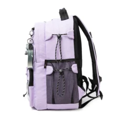 Side view of a lilac backpack showing an adjustable bungee cord and side mesh pocket. Versatile bag design by a Backpack OEM Supplier.