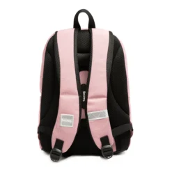 Back view of a dusty pink and black functional backpack with thick breathable mesh padding and safety reflectors. Custom school backpack by a professional Backpack Manufacturer.