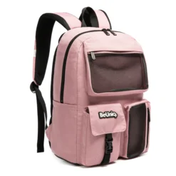 3D angled view of a dusty pink backpack highlighting the black 'BeUniq' rubber logo patch and the side mesh pocket. Trendy daily backpack by a Custom Backpack Manufacturer.