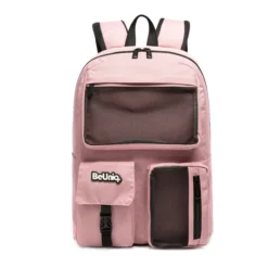 Front view of a dusty pink backpack with a large mesh front pouch, a buckled lower pocket, and a vertical mesh pocket. Versatile school bag by a leading Backpack Supplier.