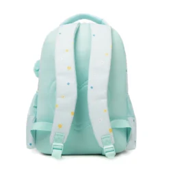 Full back view of a mint green daisy-themed backpack with breathable mesh padding and floral-patterned straps. Custom school backpack by a professional Backpack Manufacturer