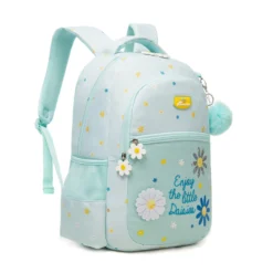 Angled view of a mint green daisy backpack showing the side mesh pocket, embroidered details, and flower-shaped zipper pulls. Functional school bag by a Custom Backpack Manufacturer.