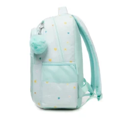 Side view of a mint green daisy backpack showing the side mesh pocket, zipper, and a fluffy pom-pom charm. Practical school bag by a Backpack OEM Supplier.