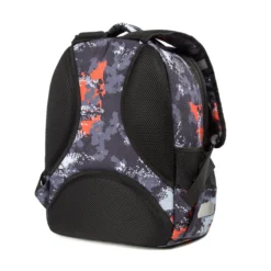 Side-back view of a black and orange camouflage backpack with a large air-mesh back panel. Cool boys' school bag by a professional Backpack Manufacturer.