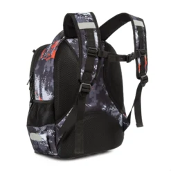 Angled back view of a camouflage backpack showing padded shoulder straps and safety reflectors. Ergonomic backpack by a Backpack Supplier.