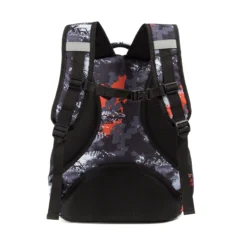 Full back view of a camo school backpack showing the chest buckle and thick mesh cushioning. Supportive kids' bag by a Custom Backpack Manufacturer.