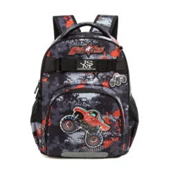 Front view of a black digital camo backpack with a red monster truck and 