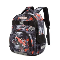 Side view of a camouflage monster truck backpack highlighting the smooth zipper and side pocket. Durable school gear by a Backpack OEM Supplier.