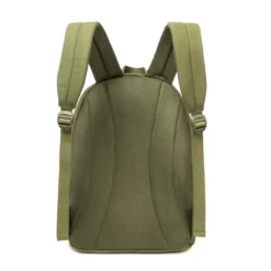 Back view of an olive green quilted backpack showing padded shoulder straps. Custom minimalist backpack by a professional Backpack Manufacturer.