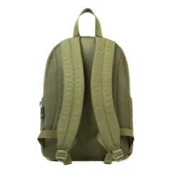 Full back view of an olive green quilted backpack featuring breathable mesh padding and adjustable straps. Ergonomic backpack by a Backpack Supplier.