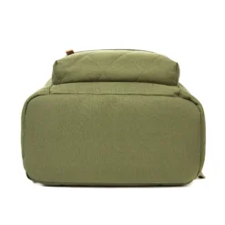 Bottom view of an olive green quilted backpack showing sturdy construction and diamond stitching. Durable bag base by a Backpack Manufacturer.