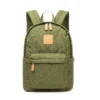 Front view of an olive green quilted backpack with a brown leather patch and zip pullers. Custom premium backpack by a Backpack Supplier.