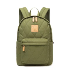 Front view of an olive green quilted backpack with a brown leather patch and zip pullers. Custom premium backpack by a Backpack Supplier.