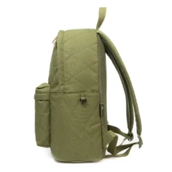 Side view of an olive green quilted backpack showing a D-ring and side slip pocket. Practical outdoor backpack by a Custom Backpack Manufacturer.