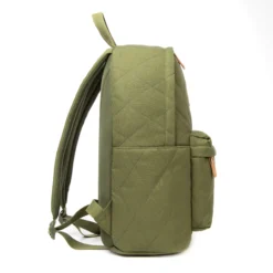 Side profile of an olive green diamond-stitched backpack emphasizing the quilted texture. Stylish bag by a leading Backpack Manufacturer.