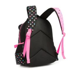 Back view of a cute 3D panda backpack with contrasting black and pink polka dot straps, pink buckles, and thick breathable mesh padding. Custom kids' backpack by a professional Backpack Manufacturer.