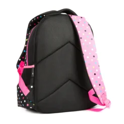 Side-back angled view of a black and pink polka dot kids' backpack highlighting the breathable air-mesh back panel and adjustable pink straps. Trendy school bag by a Backpack Supplier.