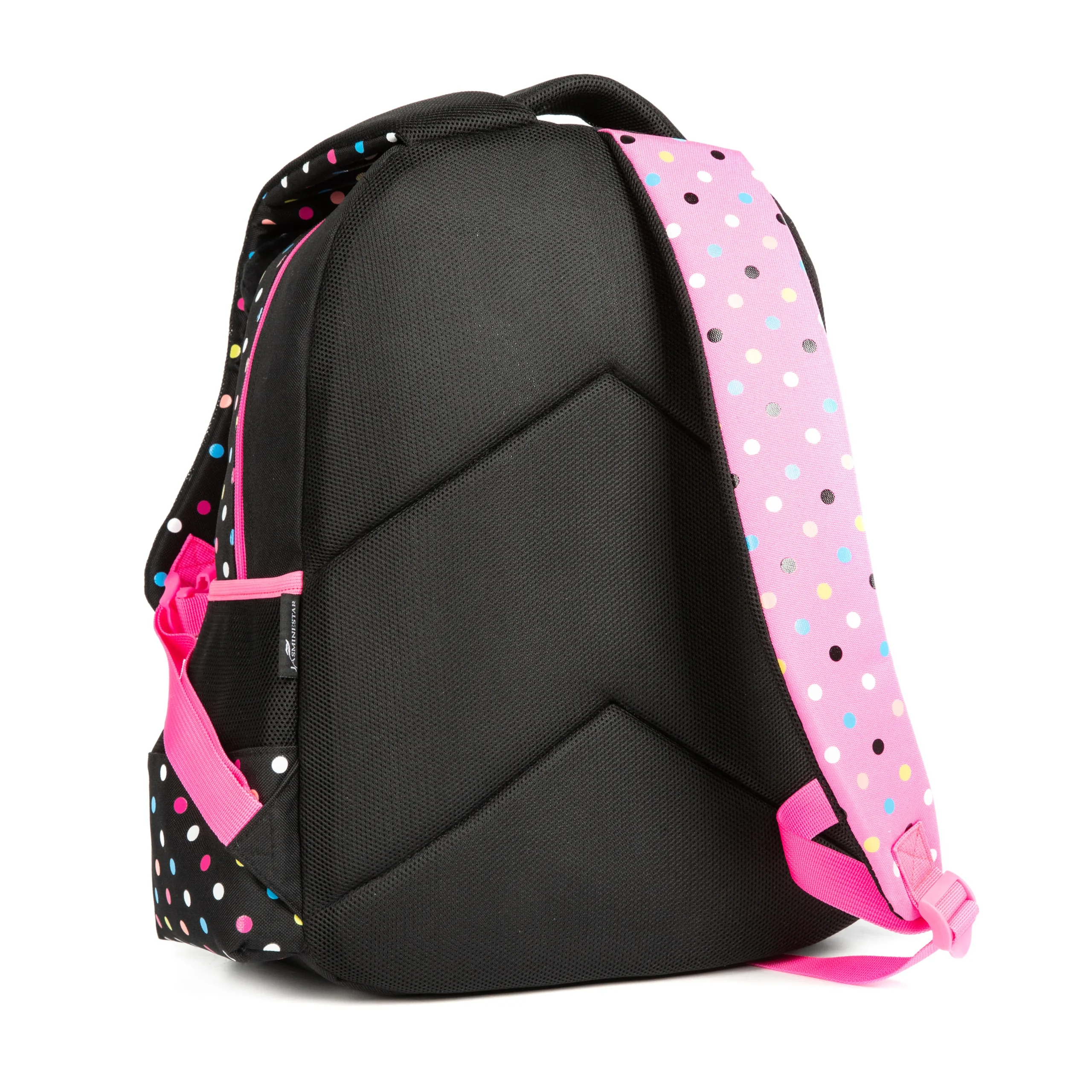 Side-back angled view of a black and pink polka dot kids' backpack highlighting the breathable air-mesh back panel and adjustable pink straps. Trendy school bag by a Backpack Supplier.