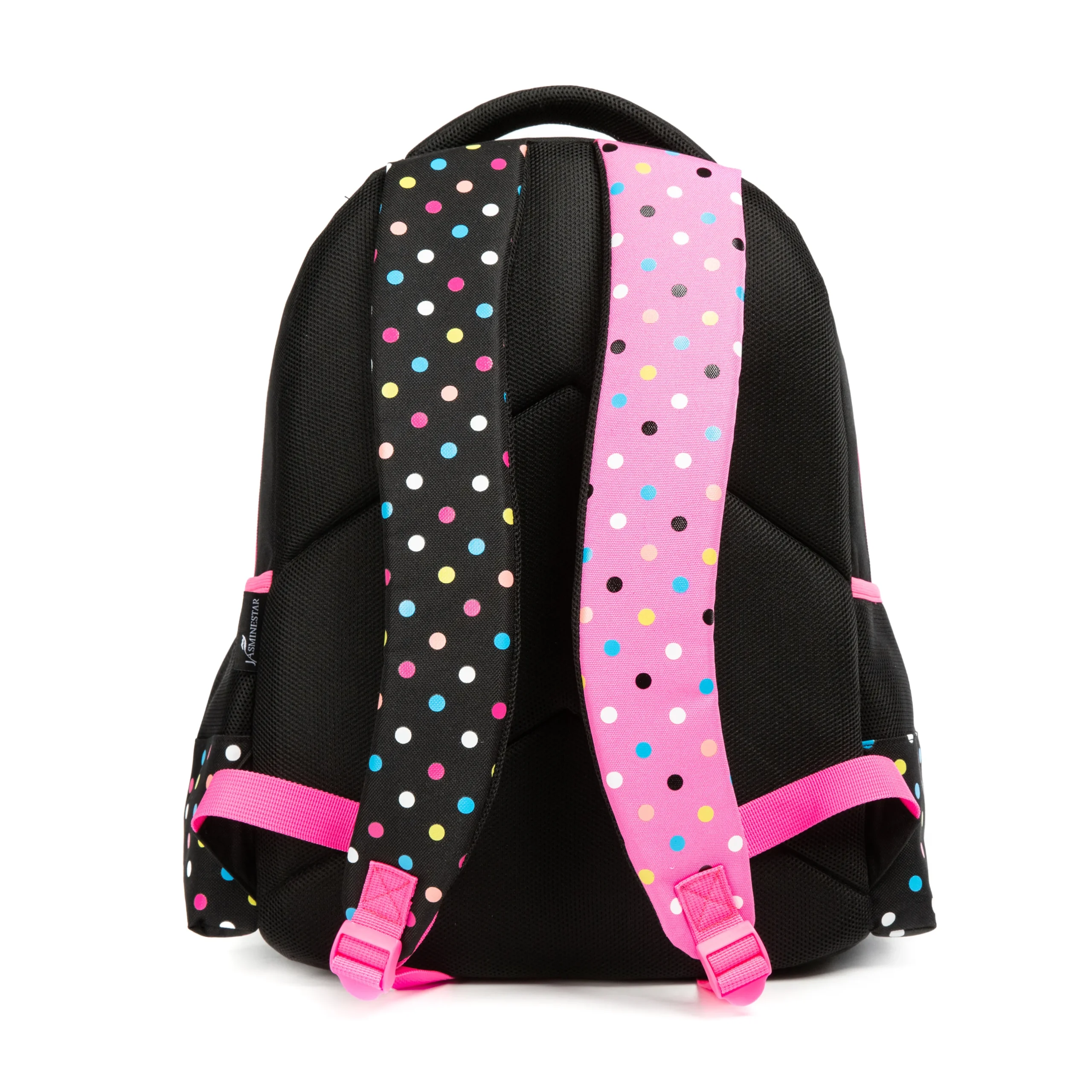 Bottom view of a black and pink polka dot kids' backpack showing a reinforced sturdy base. Durable school bag by a leading Backpack Supplier.