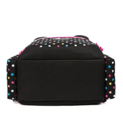 Bottom view of a black and pink polka dot kids' backpack showing a reinforced sturdy base. Durable school bag by a leading Backpack Supplier.