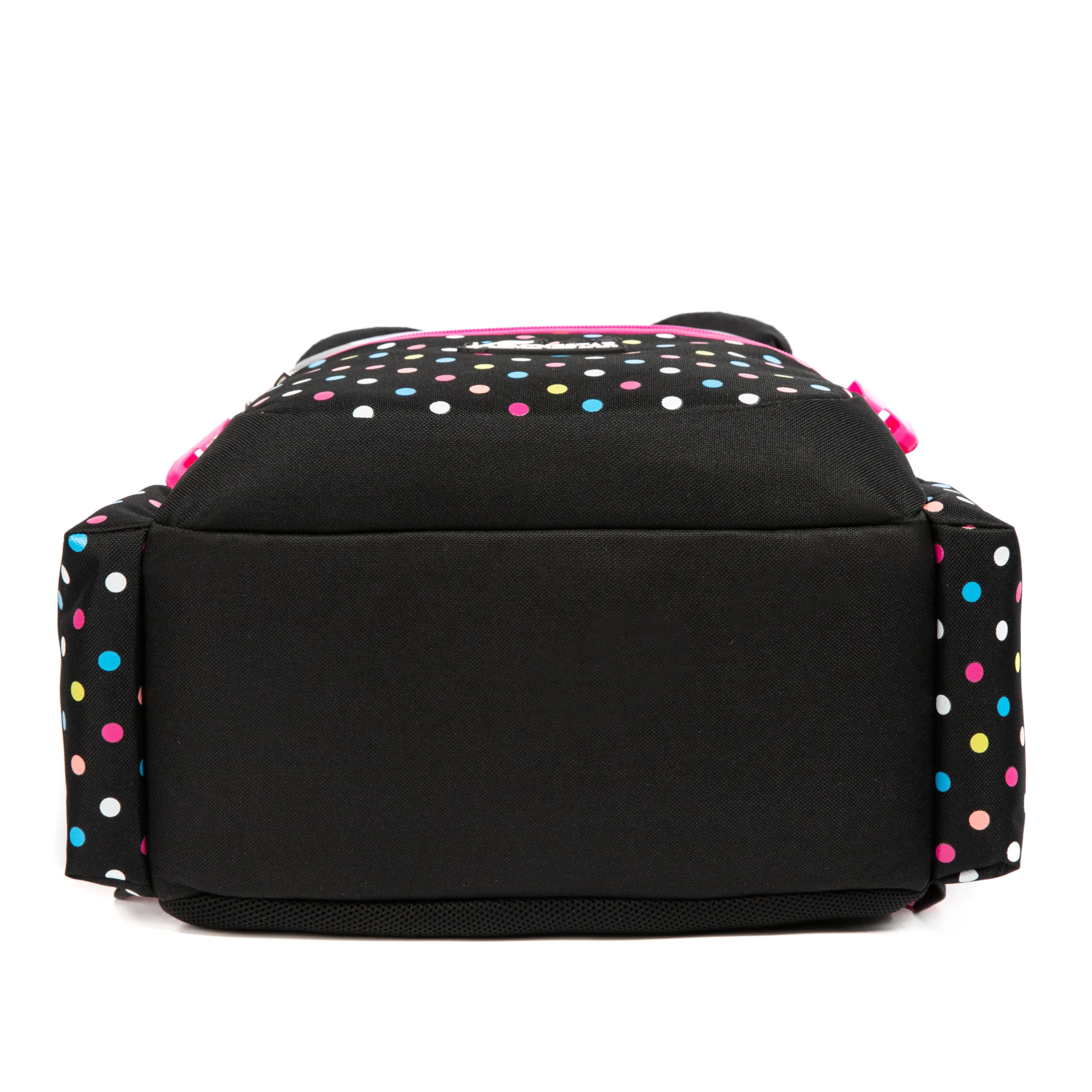 Bottom view of a black and pink polka dot kids' backpack showing a reinforced sturdy base. Durable school bag by a leading Backpack Supplier.