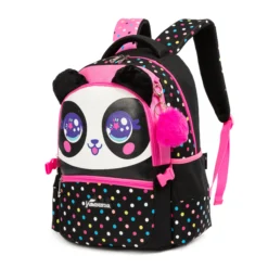 Slanted front view of a cute kids' backpack featuring a 3D plush panda ears, large sparkling eyes, and a pink fur pom-pom charm. Adorable school bag by a Backpack Manufacturer.