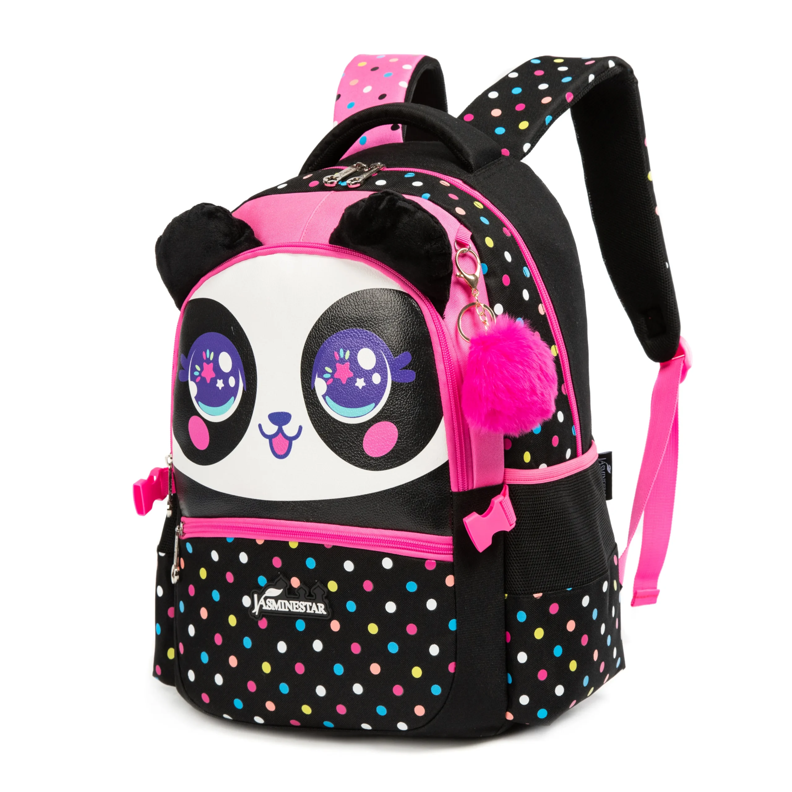 Slanted front view of a cute kids' backpack featuring a 3D plush panda ears, large sparkling eyes, and a pink fur pom-pom charm. Adorable school bag by a Backpack Manufacturer.