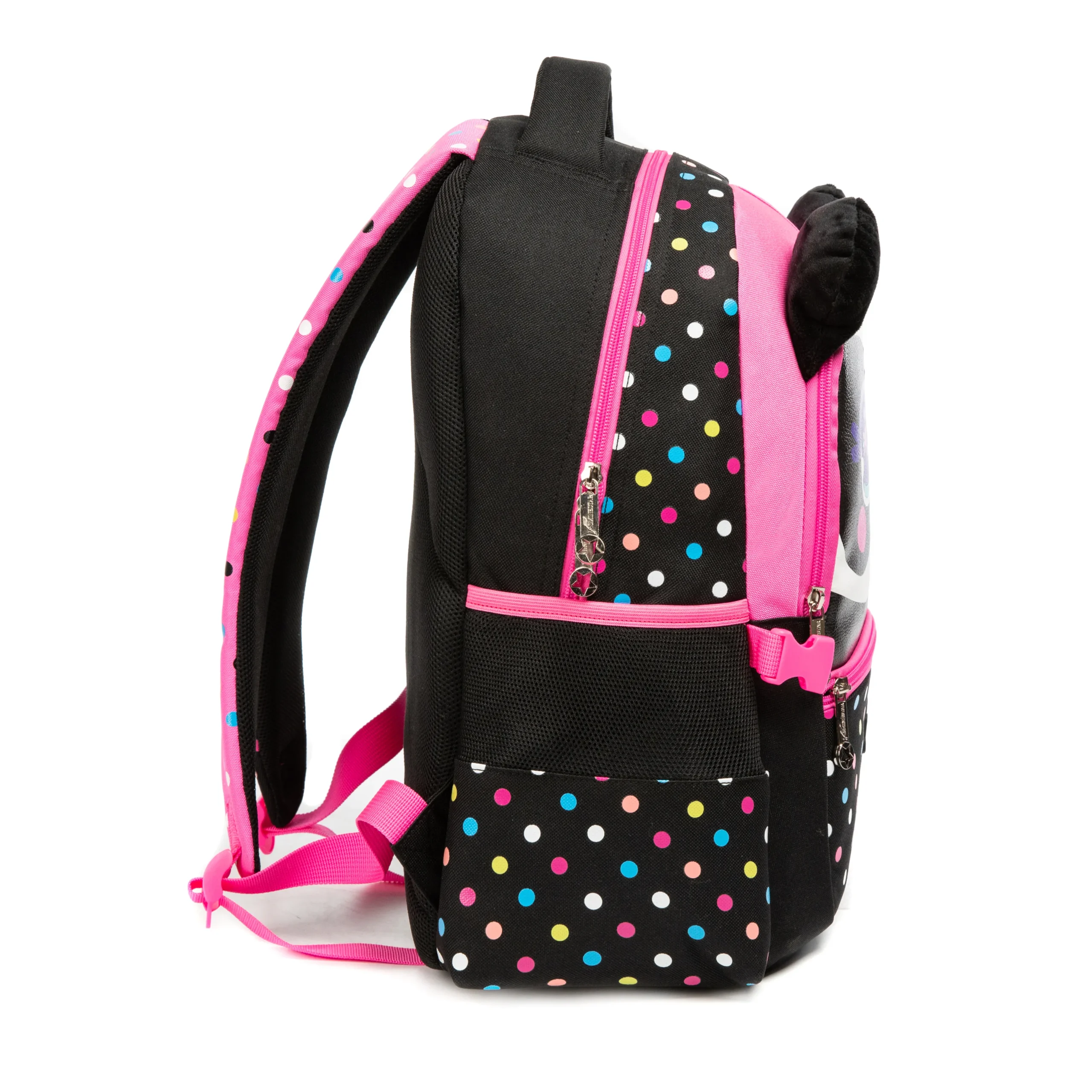 Side view of a cute panda kids' backpack showing a vertical zipper pocket, side mesh pocket, and pink buckles. Practical school bag by a Custom Backpack Manufacturer.
