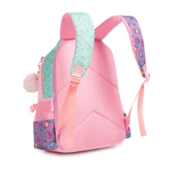 Side-back view of a cute pastel color-block kids' backpack with breathable mesh padding and colorful straps. Custom school backpack by a professional Backpack Manufacturer.