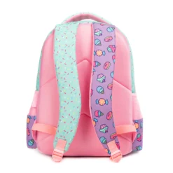 Full back view of a pastel color-block kids' backpack showing the padded straps and breathable back panel. Cute school bag by a Backpack Supplier.