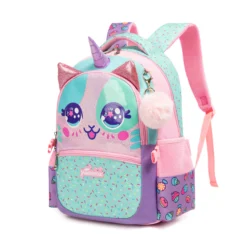 Slanted front view of a cute unicorn-cat kids' backpack featuring 3D plush ears, sparkly cat ears, a unicorn horn, and a pink fur pom-pom charm. Adorable school bag by a Backpack Manufacturer.