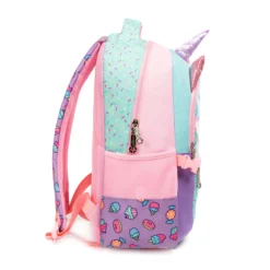 Side view of a cute unicorn-cat kids' backpack showing a zipper pocket, side mesh pocket, and pink buckles. Practical school bag by a Custom Backpack Manufacturer.
