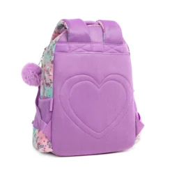 Back view of a pastel unicorn-themed backpack featuring a large quilted heart design on the breathable mesh back panel. Custom kids' backpack by a professional Backpack Manufacturer.