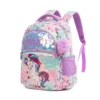 Slanted front view of a cute unicorn backpack featuring a shiny sequin front pocket, a 3D unicorn patch, and a purple fluffy pom-pom. Dreamy school bag by a Backpack Manufacturer.